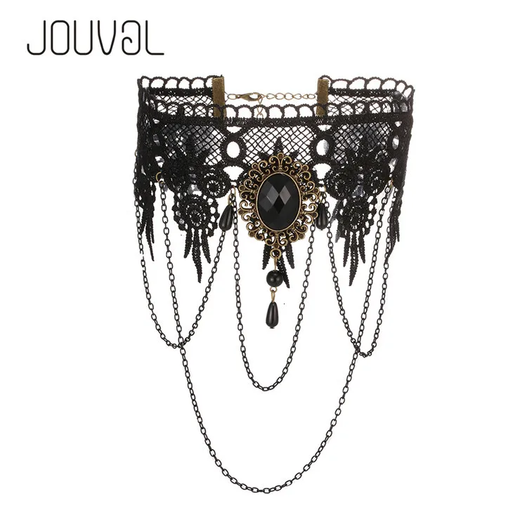 JOUVAL, сексуальные Ожерелья Чокеры в готическом стиле, Черное Кружевное колье на шею, винтажное викторианское женское колье, ювелирные изделия в стиле стимпанк