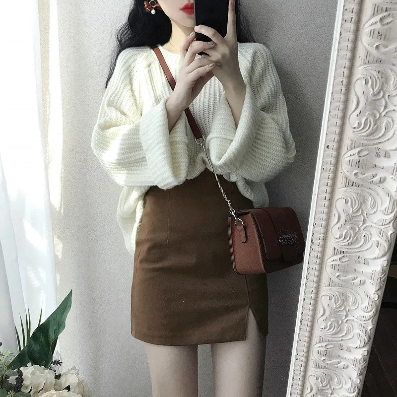 

Skirts Women Vintage High Waist Streetwear A-line Slim Female Autumn Winter Harajuku Solid Elegant Novelty Chic Slit Mini Skirt