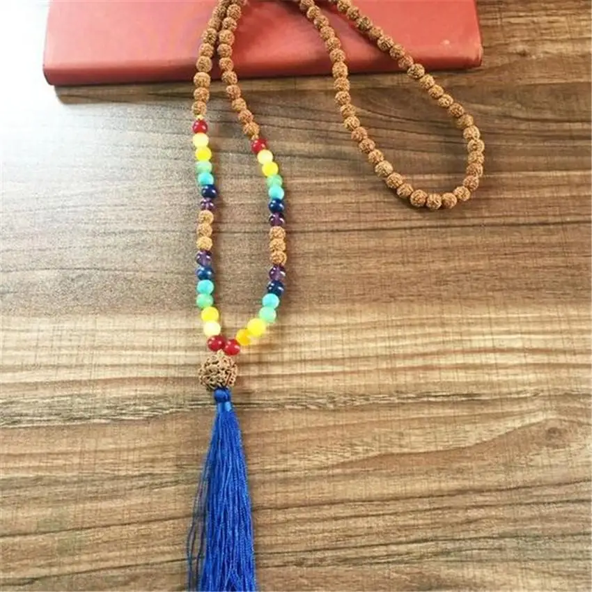

8MM Rudraksha 7 colour chakra Tassels 108 Beads Mala Necklace pray fengshui DIY Unisex Sutra spirituality Healing Chakra