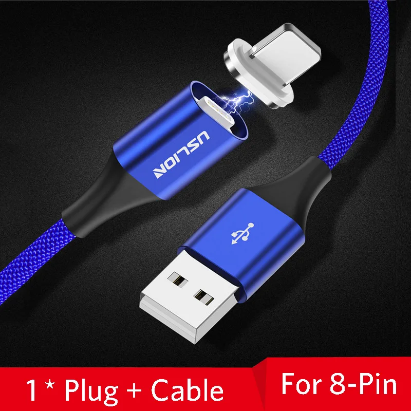 Blue For iPhone Магнитный кабель USLION, 3 А, кабель для быстрой зарядки usb type C и кабель Micro USB, магнитный кабель для зарядки и передачи данных, кабели для мобильных телефонов - Цвет: Blue For iPhone