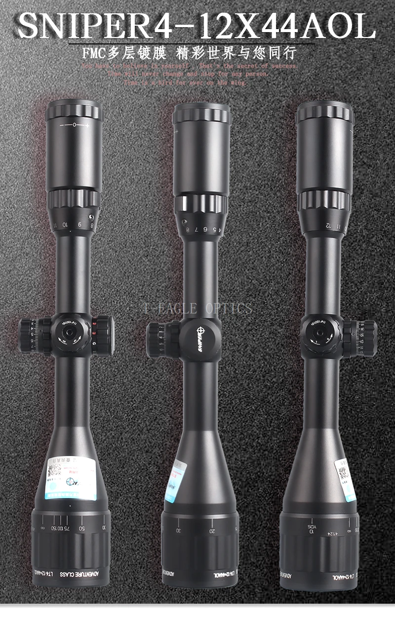 SNIPER 4-12X44 AOGL Hunting Riflescopes Tactical Optical Sight Full Size Glass Etched Reticle RGB Illuminated Rifle Scope
