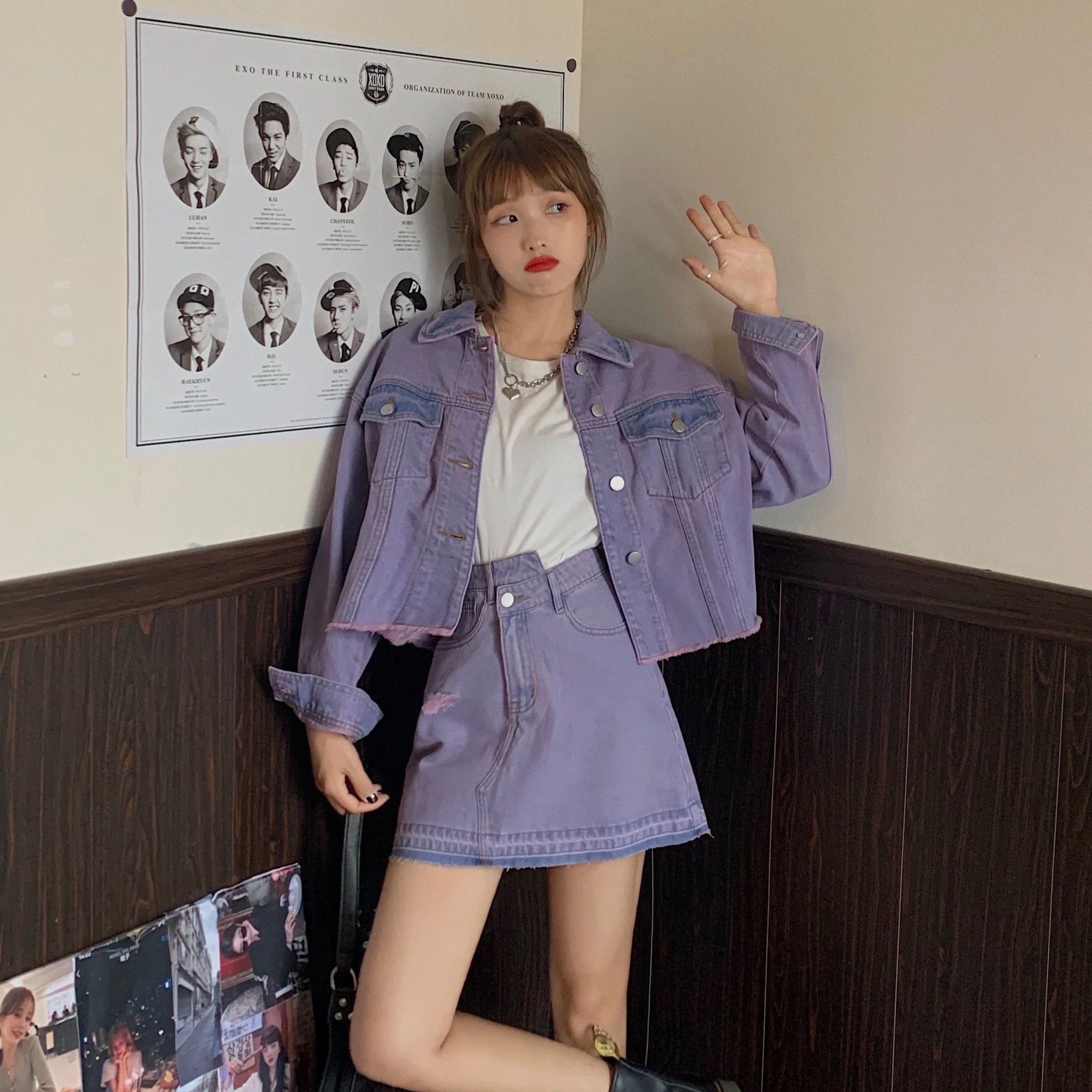 

2021 Spring Streetwear Women Purple Denim Set Short Jacket + Mini Hole Vintage Skirt 2 Piece Set
