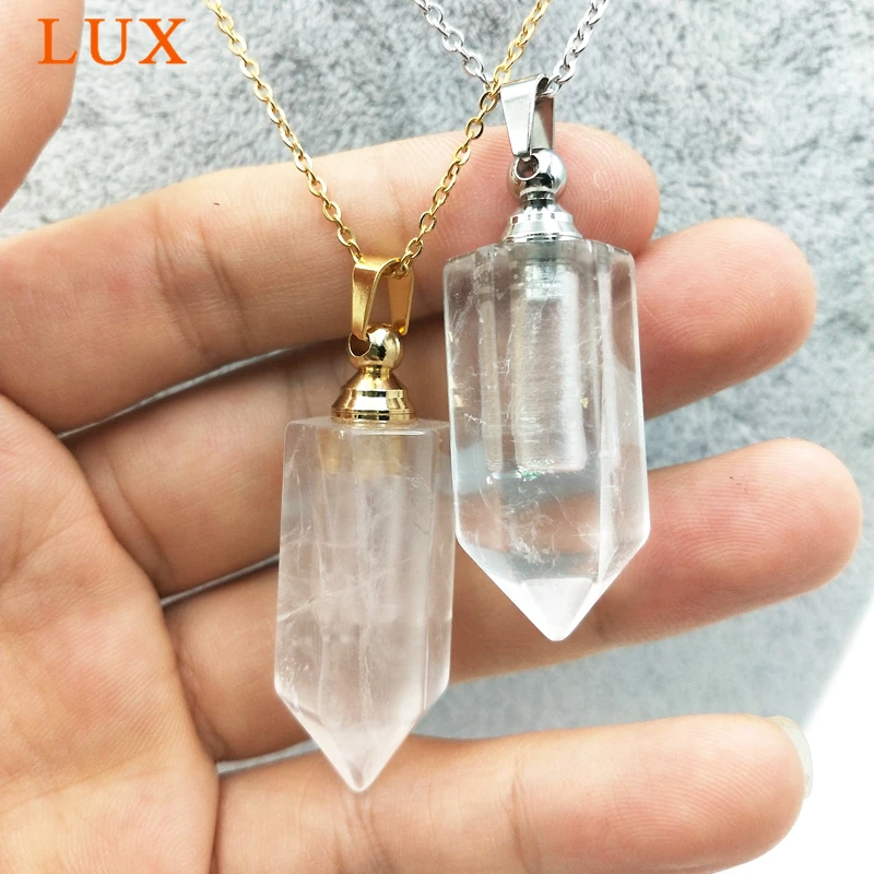 natural carved gems stone perfume bottle pendant clear crystal rock quartz diffuser essential oils charm for necklace