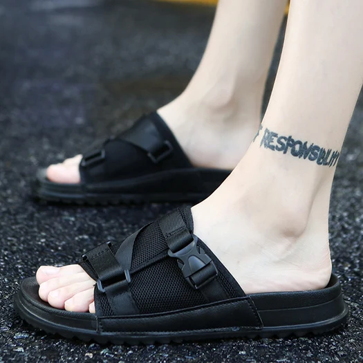 black 3 Кроссовки без шнуровки; красивые пляжные шлепанцы без задника; большие размеры 45; большие размеры 46; Повседневная Уличная Мужская обувь из сетчатого материала; летние спортивные черные сандалии; шлепанцы - Цвет: black 3