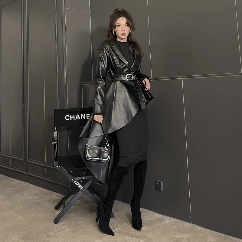 

2020 Fall Winter Fashion Cool Asymmetric PU Leather Coat Collect Waist Street Slim Turn-down Collar Jackets for Women with Belt