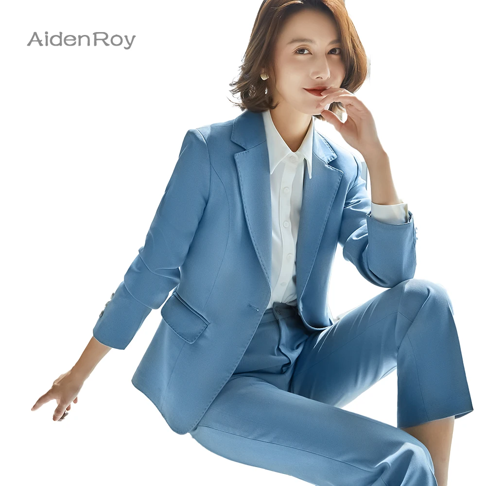 2021SS New Elegant Pants Suit Women Business Blue Long Sleeve Blazer + Trousers Office Ladies Plus Size S-4XL Work Wear