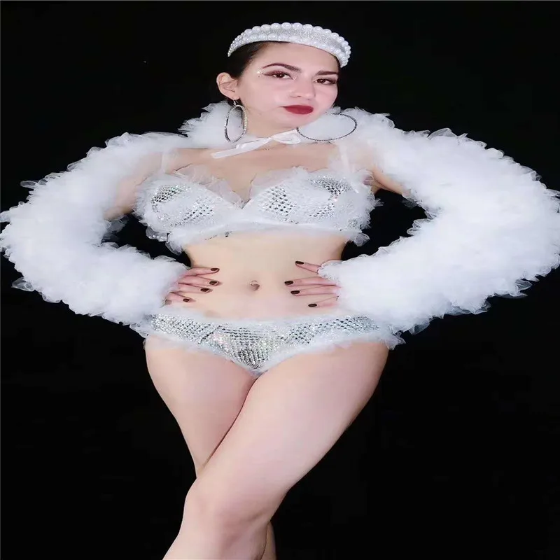 

V83 Nightclub female sexy white rhinestones bikini Bubble sleeves women dress bar gogo perform outfits crystal costumes dance ds