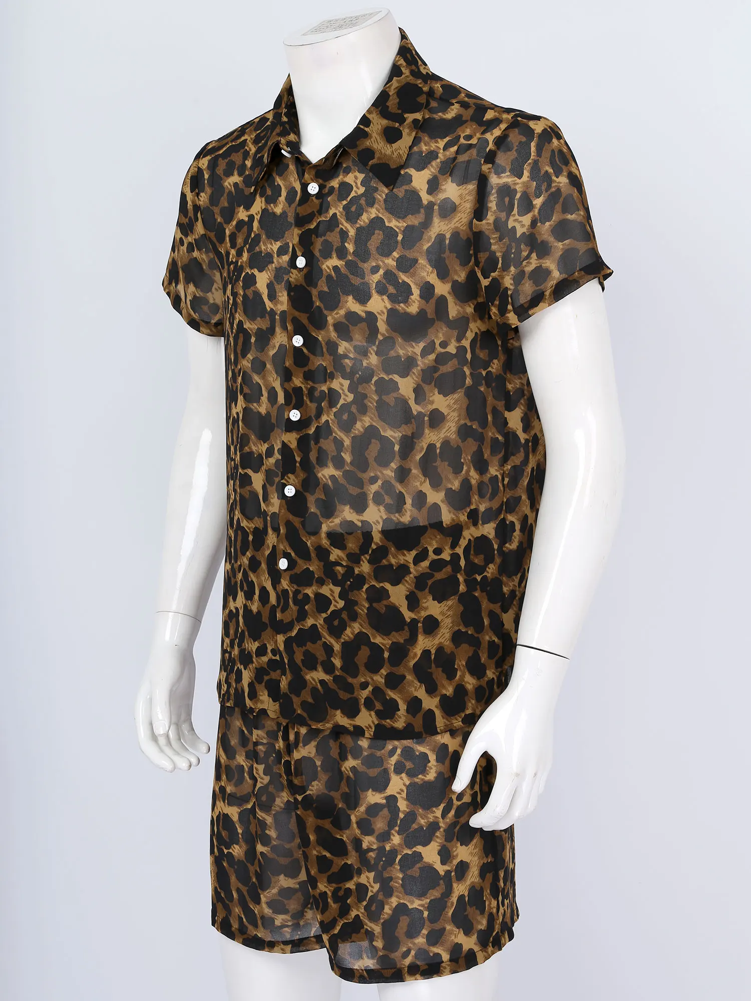 2Piece Men Leopard Beach Set Transparent Turn-down Collar Short Sleeve T Shirt Top with Shorts Pajama Sets Homewear