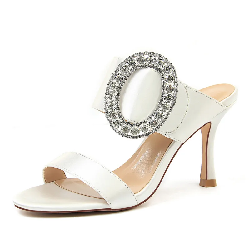 

Summer Women Crystal 8.5cm High Heels Slides Female Rhinestone Round Buckle Strange Heels Slippers Sexy Fashion Shoes DS-C0270