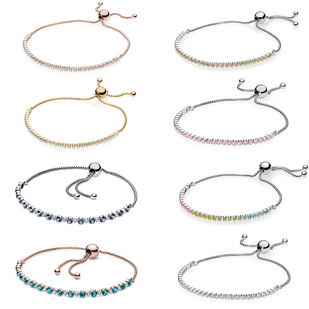 

2020 NEW 100% 925 Sterling Silver Rose Turquoise Sparkling Slider Tennis Bracelet Fit DIY Women Original Fashion Jewelry Gift