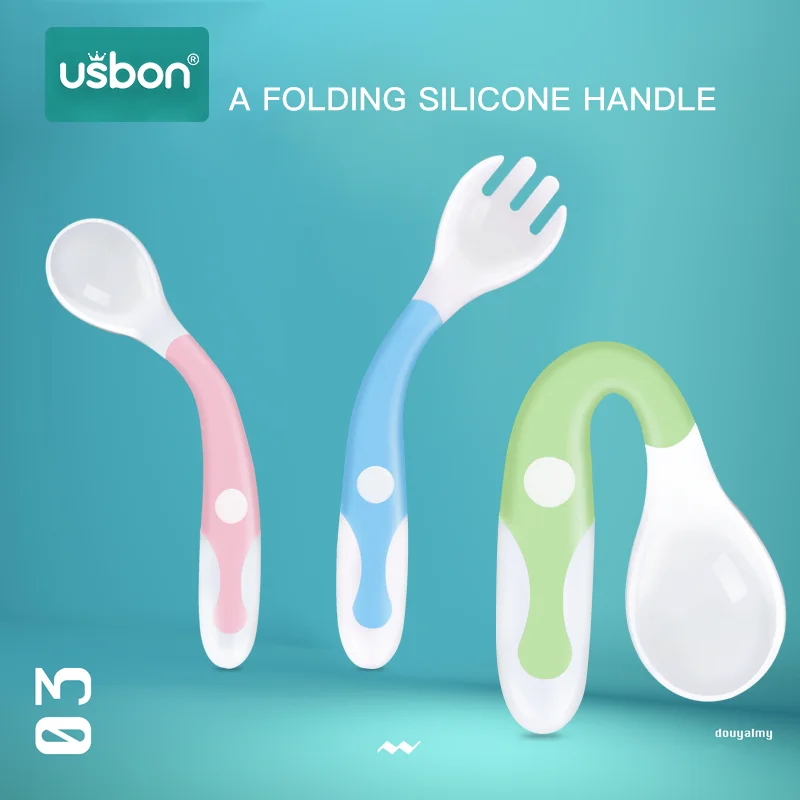 Usbon 2Pcs Bendable Baby Spoon Fork Set Toddler Infant Learning Tableware Flatware Utensils Kids Cutlery with Storage Box | Мать и