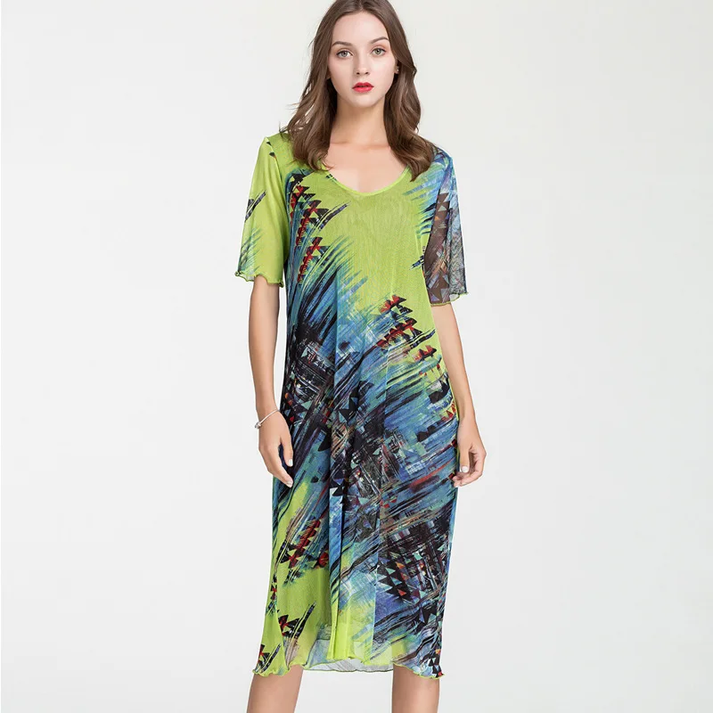 New V-neck silk dress women's summer printing temperament loose double layer 100% mulberry short sleeve medium long skirt 9018