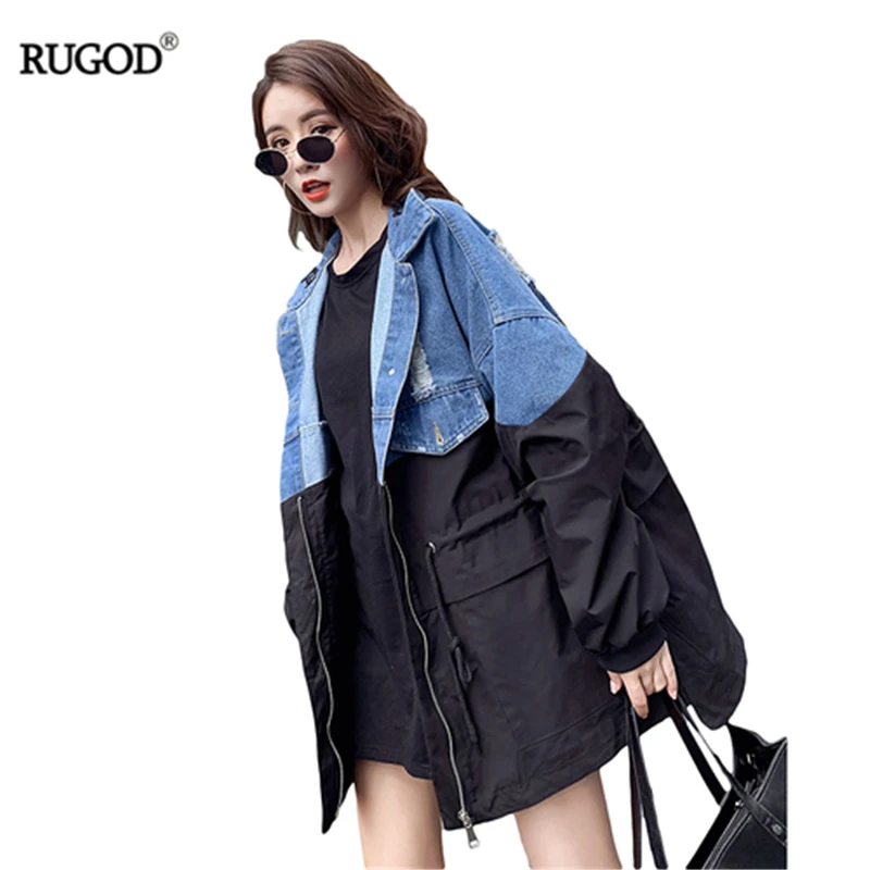 RUGOD 2019New осенне-зимние женские Лоскутные тренчи контрастного цвета с вышитым буквенным воротником на молнии корейское стильное джинсовое пальто