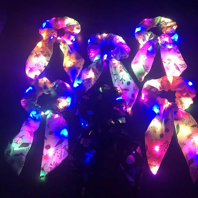 

2022 New Arrival Girls LED Luminous Scrunchies Hairband Ponytail Holder Headwear Elastic Hair Bands Solid Color Hair Accessories