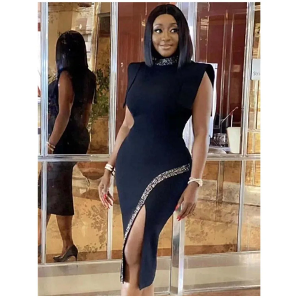 

Newest Women Winter Sexy Turtleneck Beading Split Midi Black Bodycon Bandage Dress 2021 Elegant Evening Party Dress Vestidos