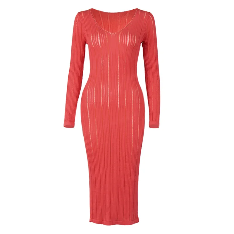 

2021 Spring and Summer New Women's Sexy Fashion Solid Color Knitted Perspective V-neck Long-sleeved Long Skirt Dress