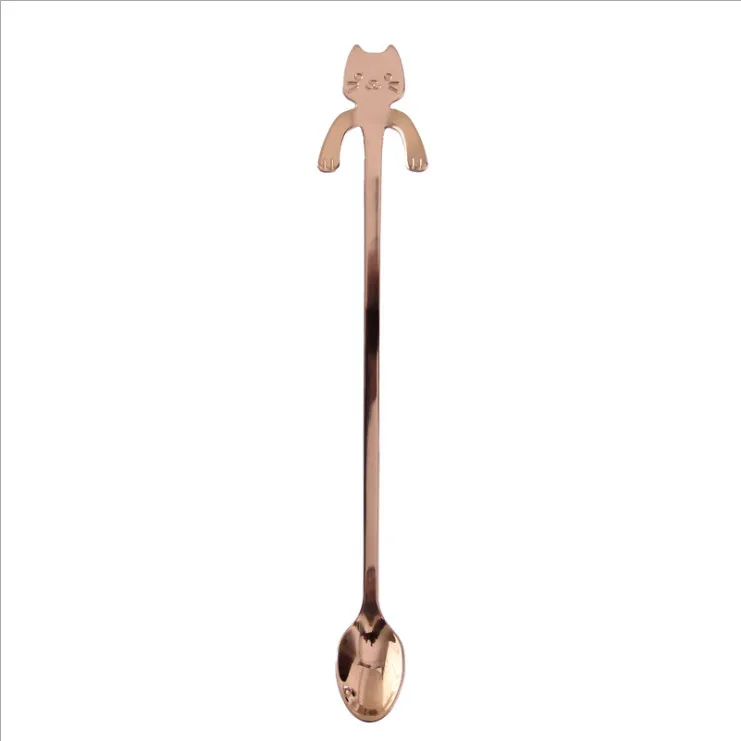 Long Rose Gold Милый мультяшный Кот из нержавеющей стали Ручка подвесной чайный кофе ложка Мороженое столовые приборы посуда для кемпинга пикника - Цвет: Long Rose Gold