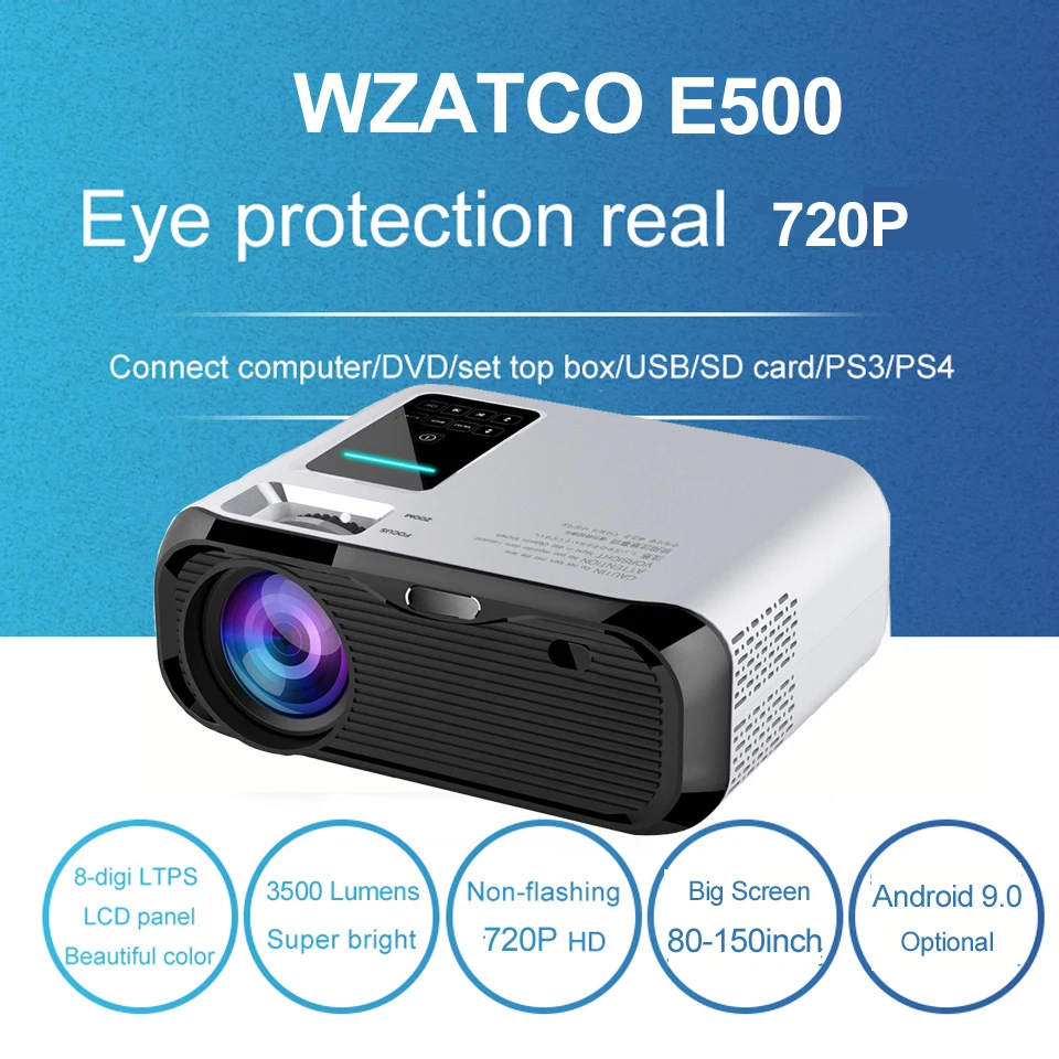 WZATCO E500 720P HD проектор 1280*800 3500 люмен HDMI домашний кинотеатр Android 9,0 дополнительные проекторы wifi проектор lcd проектор