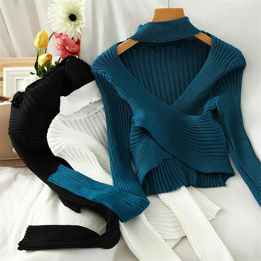 

Sexy Halter Neck Sweater Crop Top Women Long Sleeve Front Cross Slim Pullover Autumn Winter Jumper Korean Chic Pull Femme