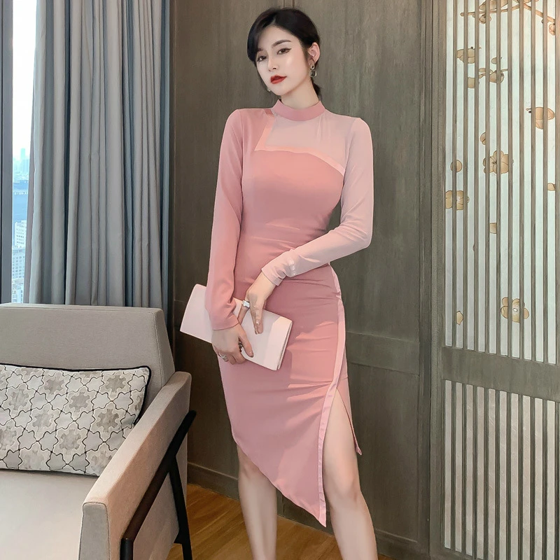 

Woman Mesh Patchwork Pink Korean Dress Autumn 2020 Long Sleeve Wrap Bodycon Midi Dress Women Sheer Casual Fall Dresses Ladies