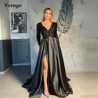 verngo 2021 glitter blackgreenpurpleblush pink sequin prom dresses long sleeves v neck satin skirt slit formal evening gowns