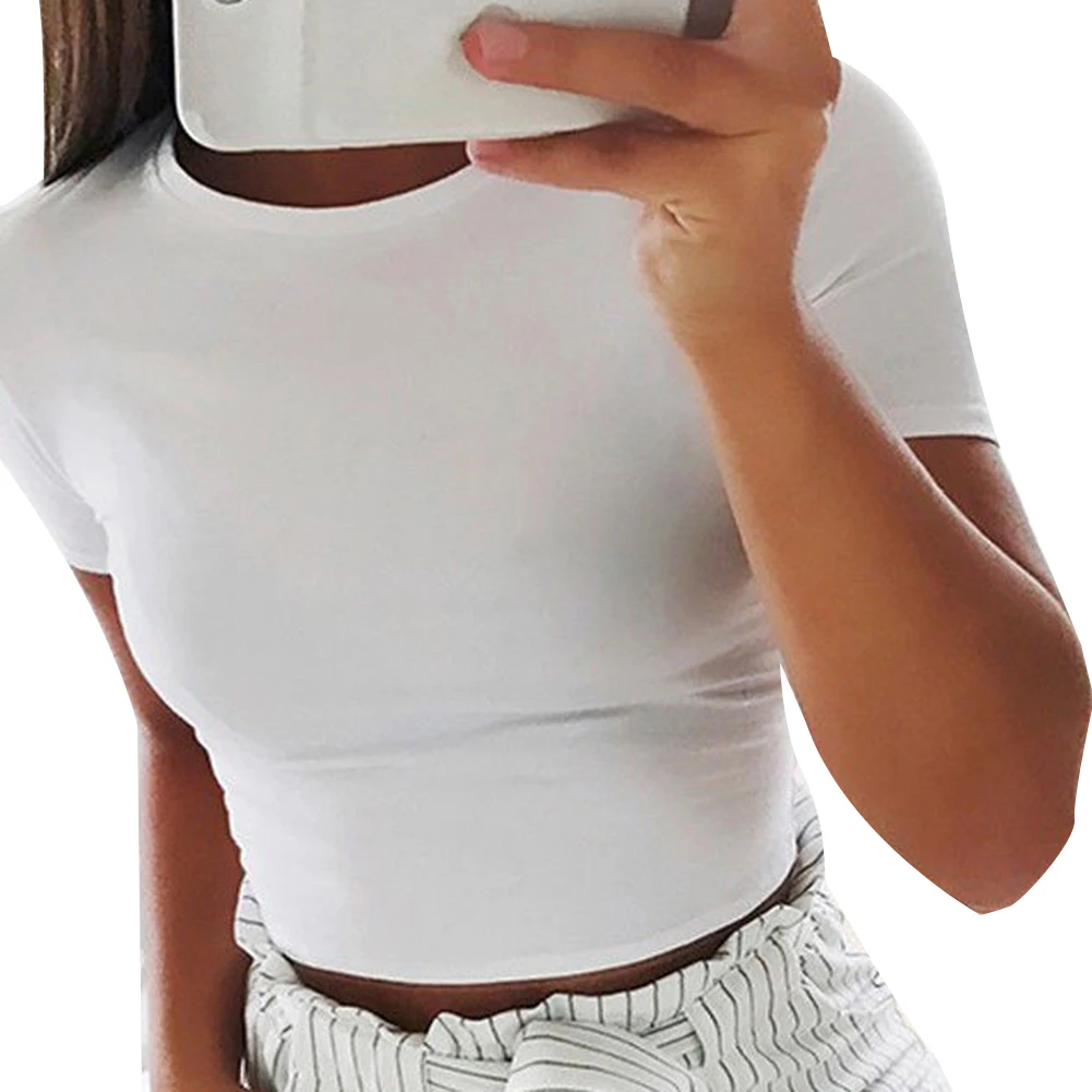 Женский пикантный однотонный топ с коротким рукавом и круглым вырезом летний