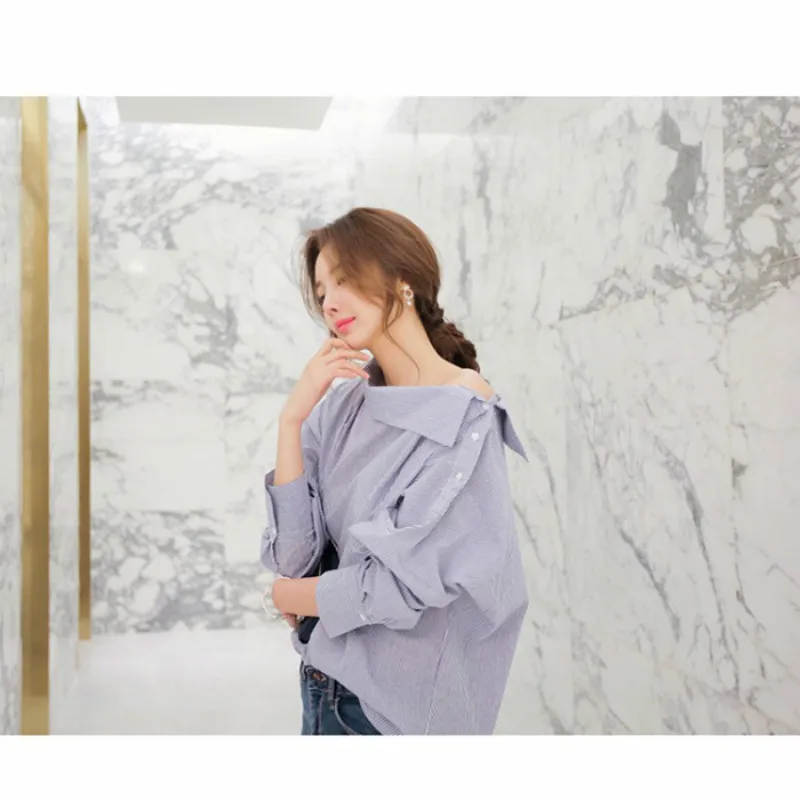 

Blue Striped Shirt Female Skew Collar Blouses Korean-Style Loose-Fit Long Sleeve Sexy Off-Shoulder Women Tops