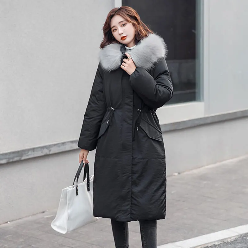 Parka Women 2020 Winter Mid Long Padded Jacket Hooded Big Fur collar Down Cotton Coat Female Thick Warm Outerwear Ladies DH134