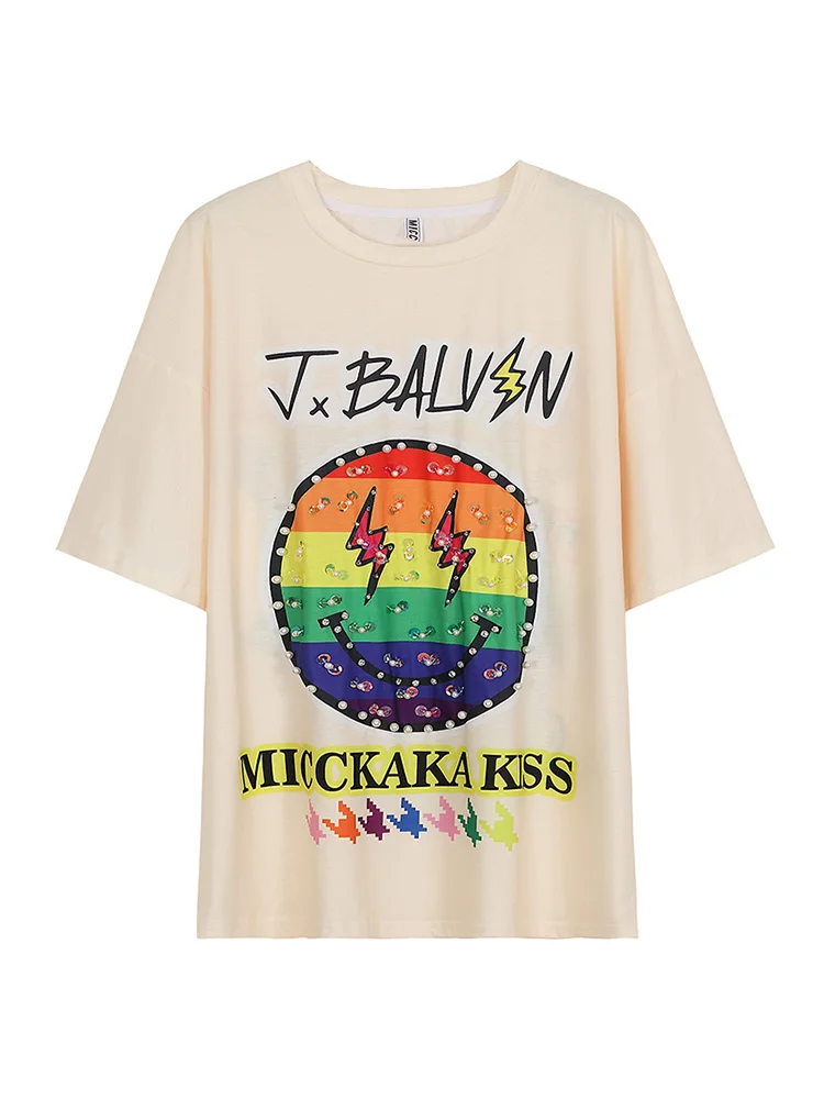 

2021 Summer Women Cartoon Print Chic Loose Beading T-Shirt