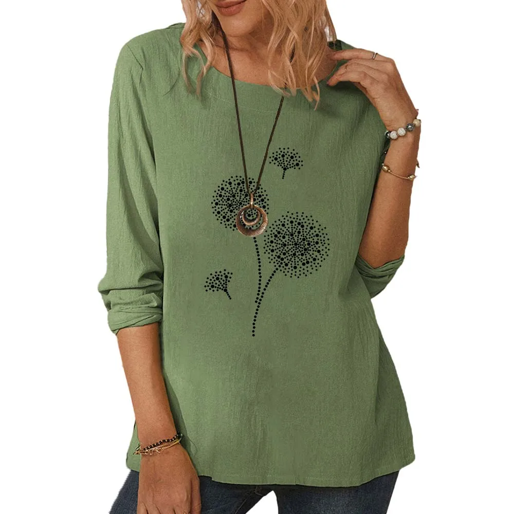 

Autumn Vintage Women Tshirts Dandelion-Pritned Full Sleeve Casual Comfortable Tee Shirts Oversize O-Neck woman tshirts