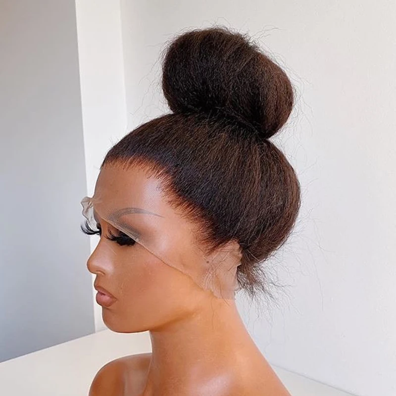 

Glueless Natural Black Long Yaki Straight Synthetic Hair Lace Front Wigs Heat Resistant Fiber 180% Density Hair Daily Wear