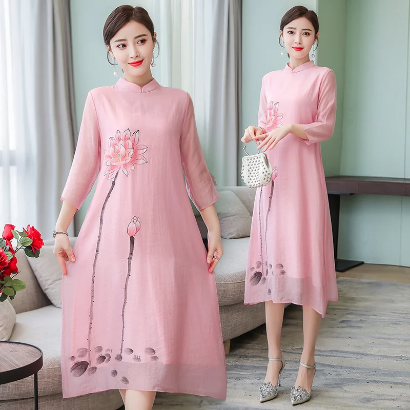 Женское платье в китайском стиле длинное летнее с коротким рукавом улучшенное