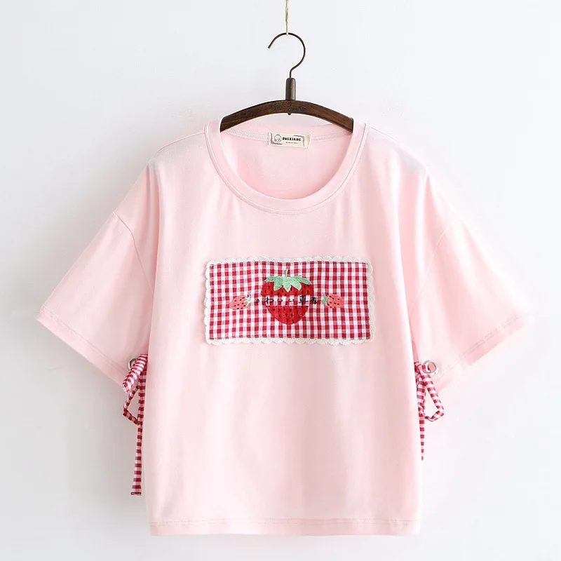 

Vintage Harajuku Korean Style Strawberry Lace Up T Shirts Women Teen Girl 2020 Summer Kawaii Short Sleeve Mori Girl Tee Shirt