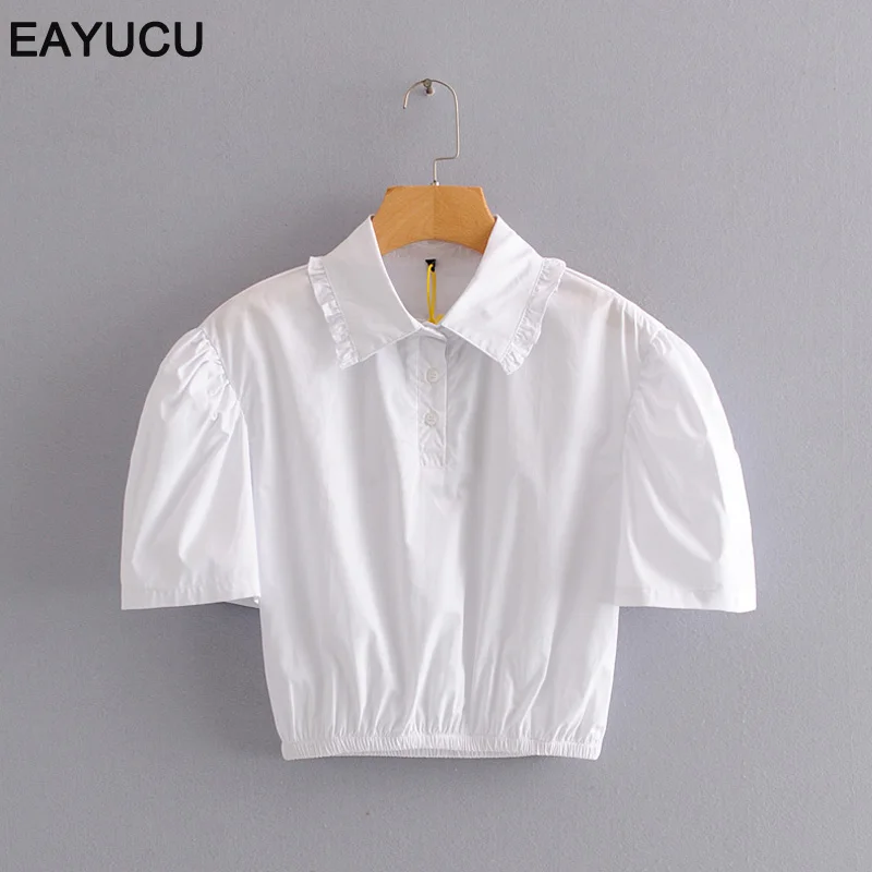 

EAYUCU Women White Crop Top Turn Down Collar Short Sleeve Blouse Shirt Short Female Casual Cute Tops Cotton Blusas ET020