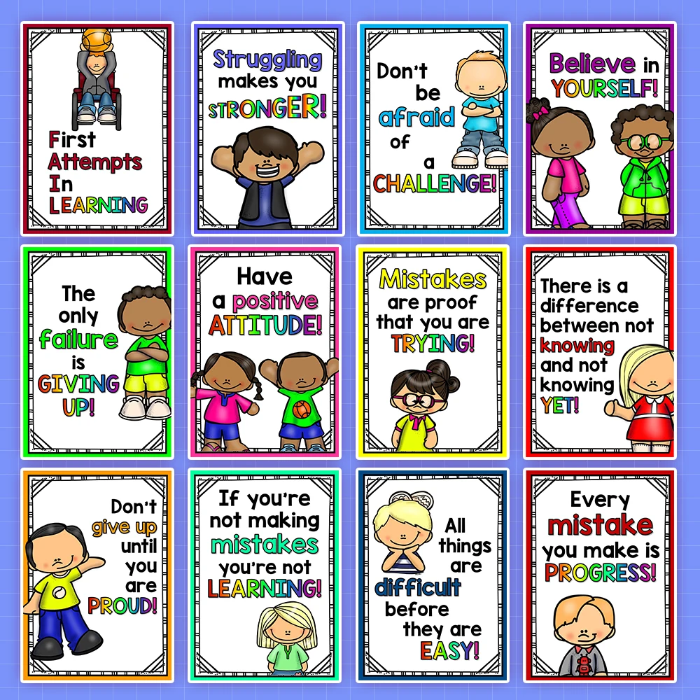 

12Pcs A4 Plastic Big Card English Growth Mindset Motivational Educational School Poster Children Classroom Decoration Supplies