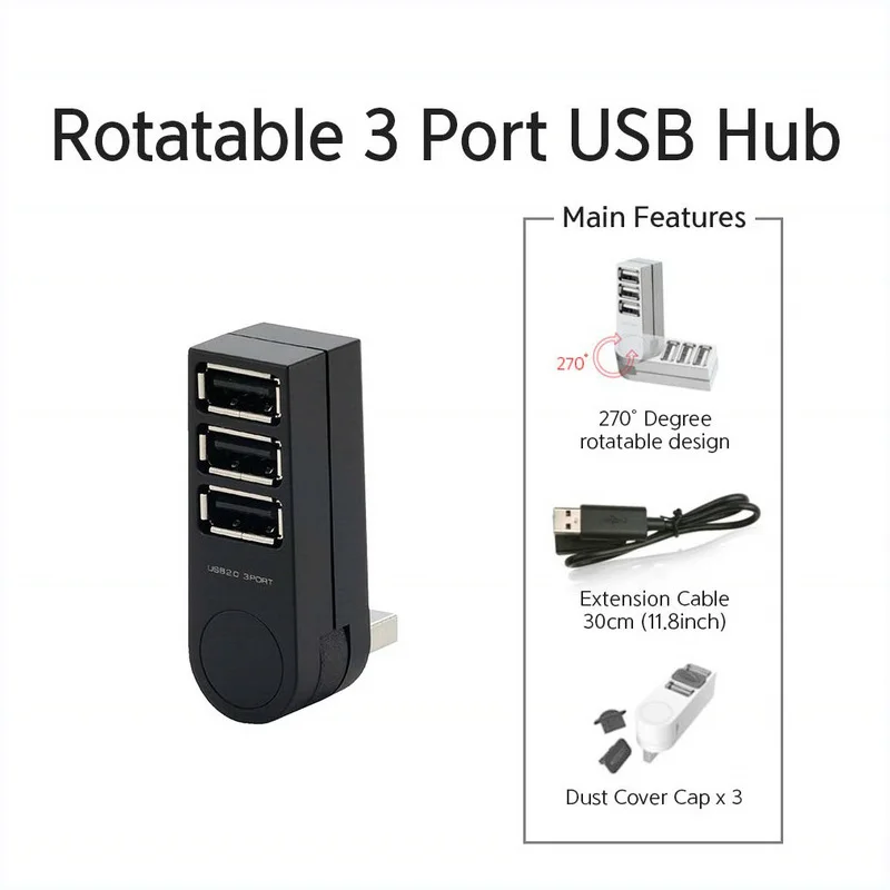 

Hot USB Hubs 3 Ports USB 2.0 Hub Mini Rotate Splitter Adapter Hub For PC Notebook Laptop Mac Usb 2.0 Splitter Hub