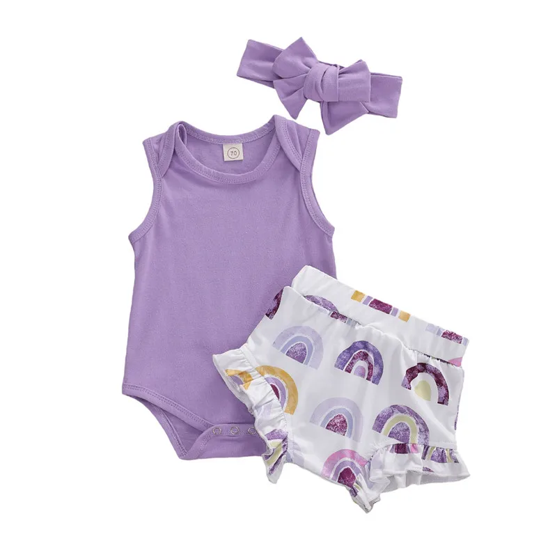 

pudcoco 0-24 Months Baby Girls Summer Sunsuit 3PCS Newborn Infant Printing Romper tops Shorts Headbands Ruffle Outfits For Girl