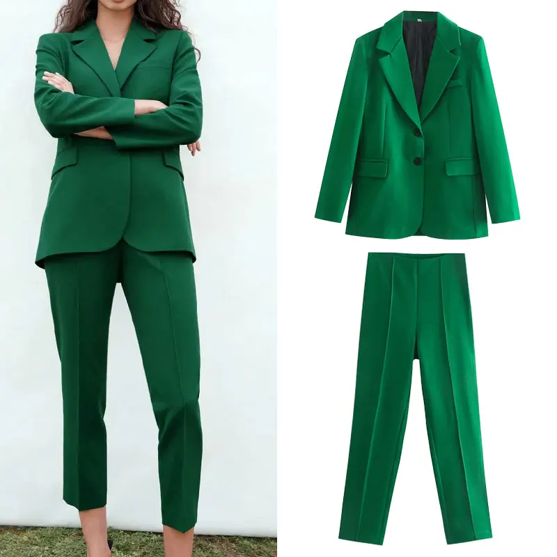 

Женский офисный костюм, блейзер с английским воротником и брюки, повседневный однобортный пиджак с карманами, с завышенной талией, Зеленый ...