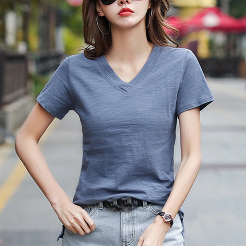 

LJSXLS 2021 Plus Size Women Clothes White Cotton T-Shirt Casual Loose V-Neck T Shirt Women's Solid Short Sleeve Tee Shirt Femme