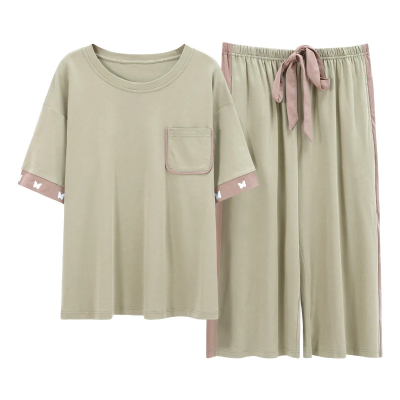 

Fashion Women Cotton Plus Size Homewear Butterfly Sleepwear Summer Simple Light Green Short Sleeve Calf-Length Pants Pajamas Set
