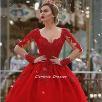 red long sleeve beading appliques lace arabic ball gown wedding dress illusion back dubai saudi bridal gown vestido de novia