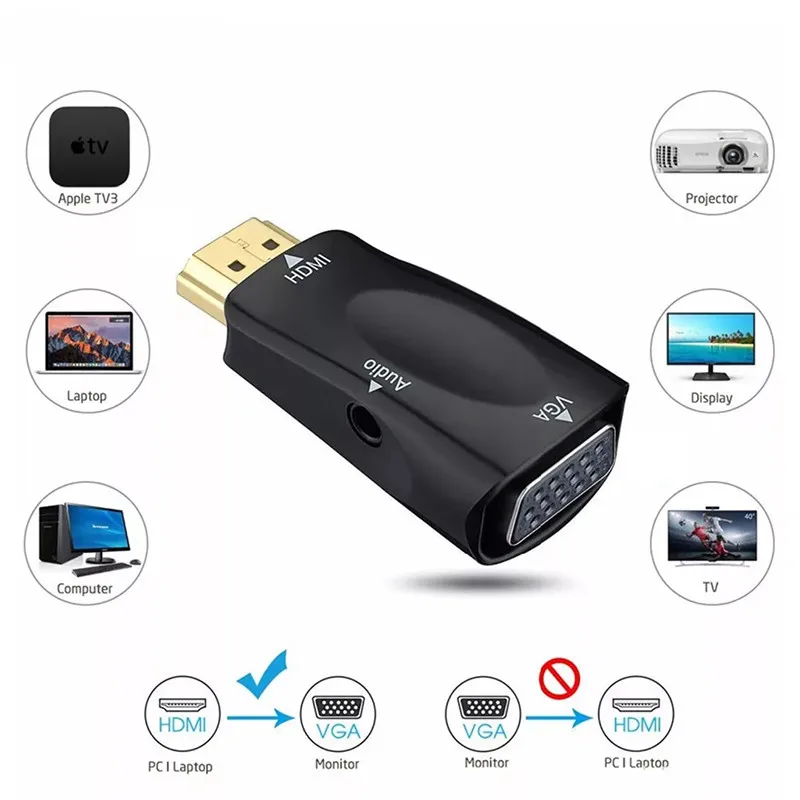 Адаптер HDMI-VGA Аудиокабели преобразователь штекер-гнездо HD 1080P для ПК ноутбука