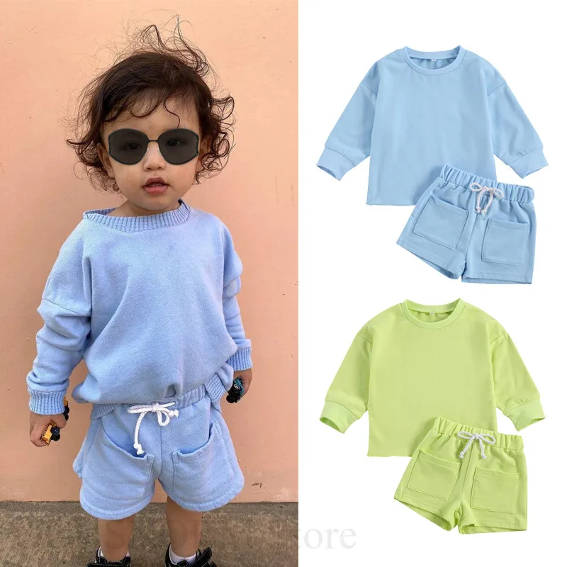 

1-6Y Autumn Baby Boys Girls Clothes Sets Solid Causal Long Sleeve Pullover Sweatshirt Tops Pocket Shorts 2 Colors