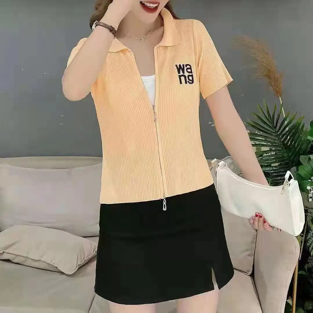 

Women's summer new short sleeve T-shirt Lapel slim zipper poio shirt versatile top