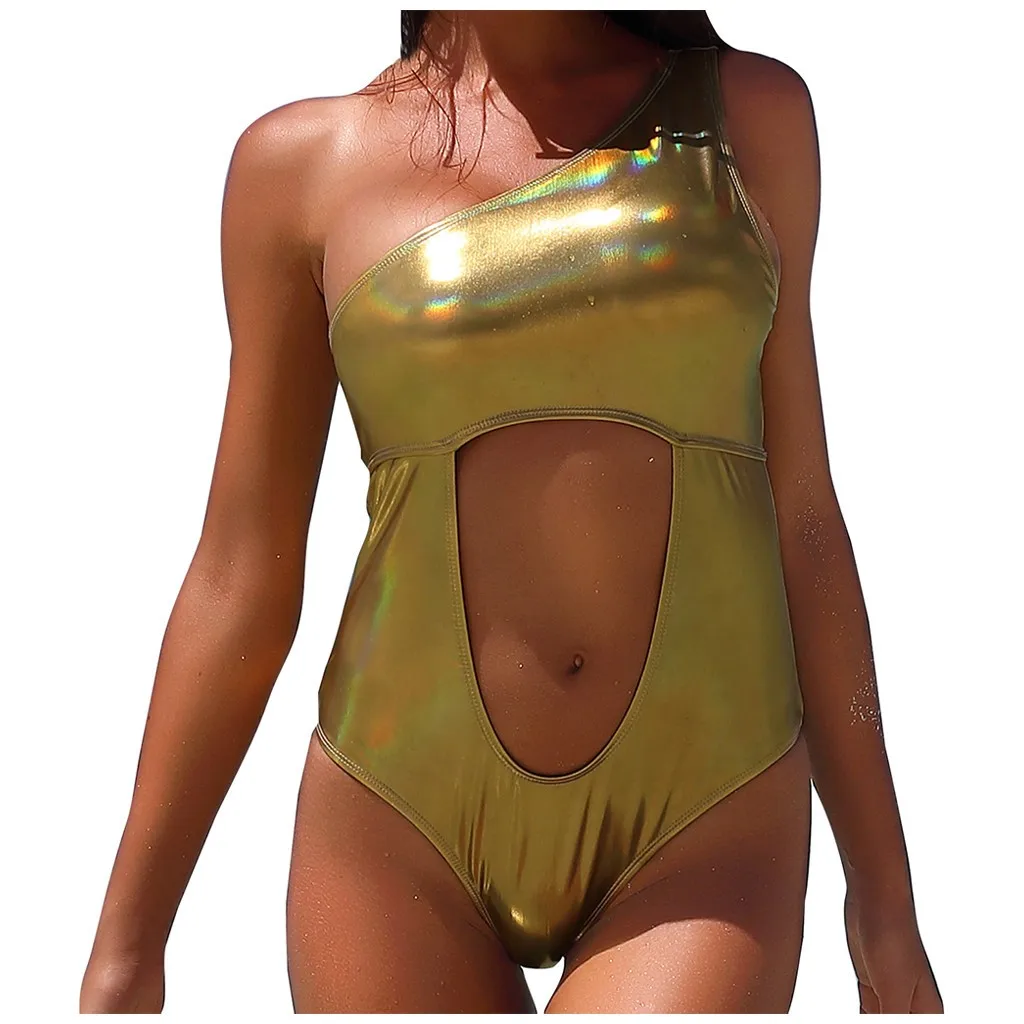 Женский слитный купальник в полоску золотистого цвета с металлическим блестящим