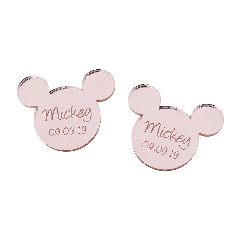 Style3 Pink 12 шт. персонализированные гравированное зеркало Микки Маус надписи имя карты метки ребенок душ украшение для вечеринки в день рождения 40 мм без отверстия - Цвет: Style3 Pink