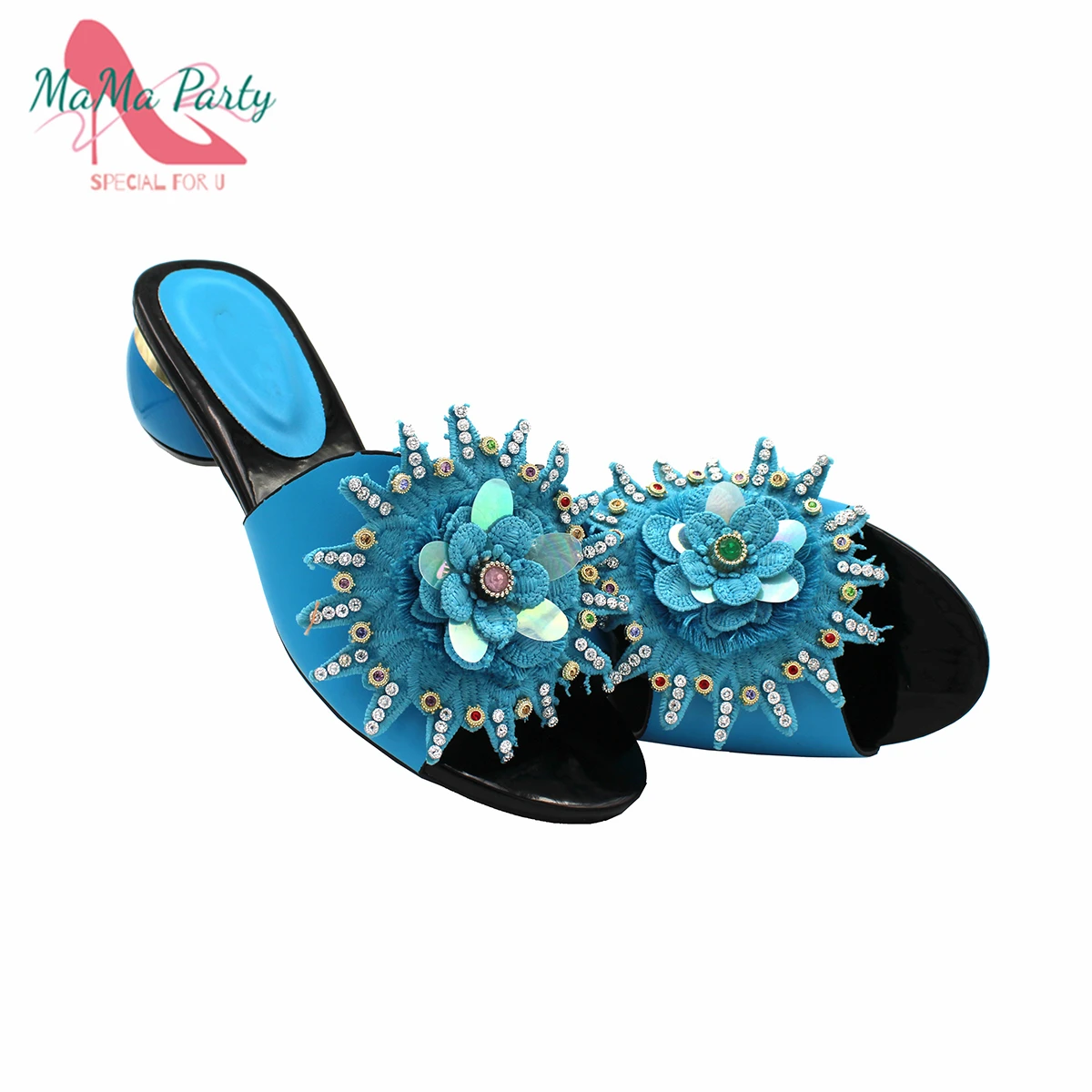 

Leisure Style African Women Shoes with Appliques Comfortable Heels Slipper with Shinning Crystal in Sky Blue Color For Party