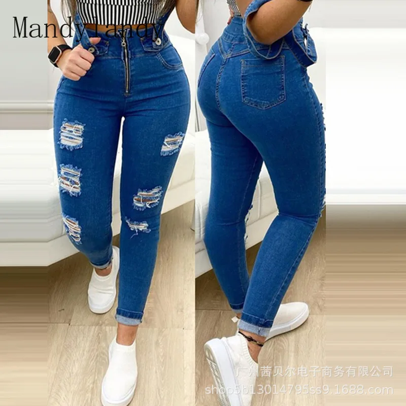 

Mandylandy Strap Jeans Women's High Waist Solid Color Slim Denim Pencil Pants Autumn Fashion Button Pocket Zipper Ripped Jeans