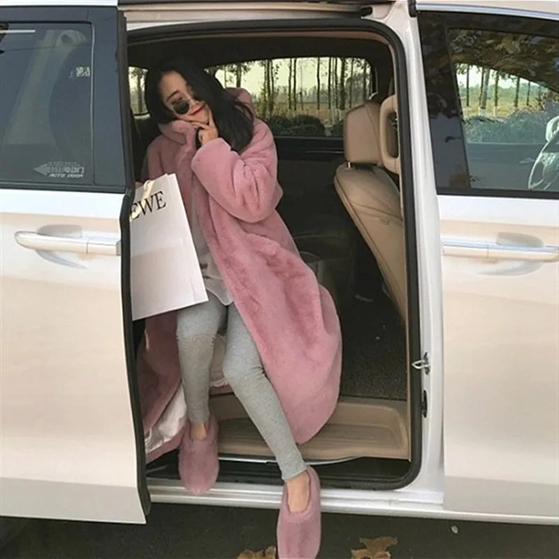 

2021 Winter Rex Rabbit Long Fur Coat Women Luxury Hooded Imitation Mink Fur Coat Thick Warm Plush Jacket Loose Female Overcoat