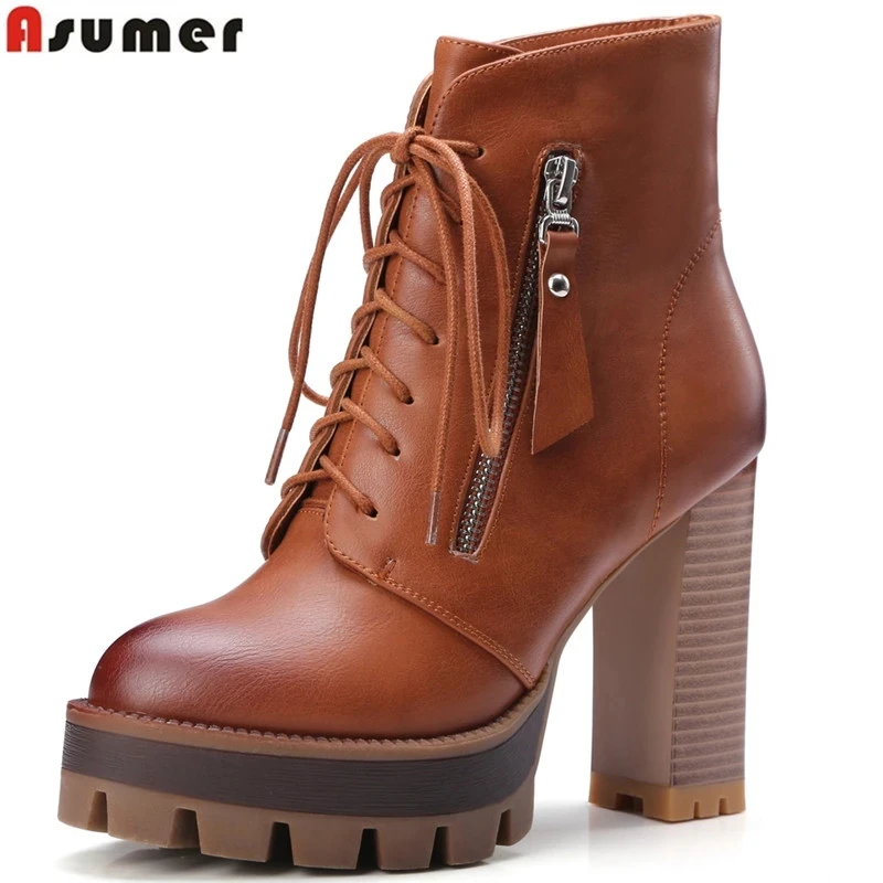 Asumer/Новые Модные женские ботинки зимние на платформе со шнуровкой ботильоны из